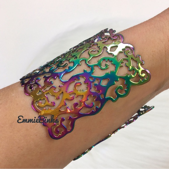 New Hollowed Out Scroll Metal Oil Slick Holographic Cuff Bracelet - Picture 13 of 16